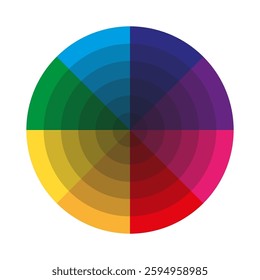 Color wheel chart. Vibrant spectrum circle. Gradient hue segments. Vector artistic palette.