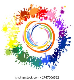 Color wheel. Colored paints splashes circle, isolated on white background. Mixing Colors. Abstract colorful swirl circle. Round frame or banner with place for your content. Vector illustration 