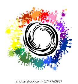 Rueda de color. Las pinturas coloreadas salpican el círculo, aisladas sobre fondo blanco. Mezcla de colores. Resumen del círculo giratorio colorido. Marco redondo o banner con lugar para su contenido. Ilustración del vector 