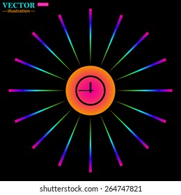 Color wheel with colored rays on a black background.  clock icon. Flat design style, vector illustration, EPS 10 
