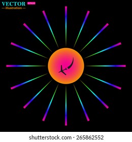 Color wheel with colored rays on a black background.  icon plane. The plane is landing , vector illustration, EPS 10
