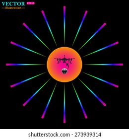 Color wheel with colored rays on a black background. Quadrocopter. icon. vector design