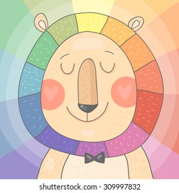 Color Wheel - cute vector Lion with rainbow mane on colorful background