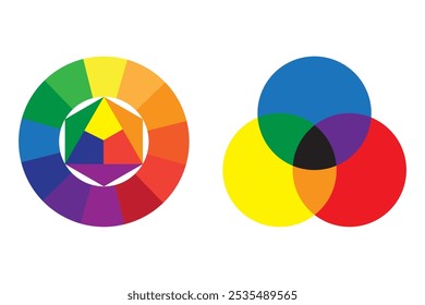 Modelos de rodas de cores. Círculos do espectro de cores. Sobreposição de cores primárias. Formas de gradiente circular.