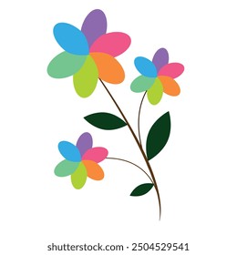 Flores de rueda de color con hojas y ramas aisladas sobre fondo blanco con tonos de color. Ilustración vectorial