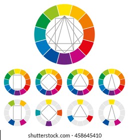 Color wheel with four different geometric forms that can be turned around in the circle to show many possible harmonic combinations of colors in art and for paintings. Color theory. Illustration.