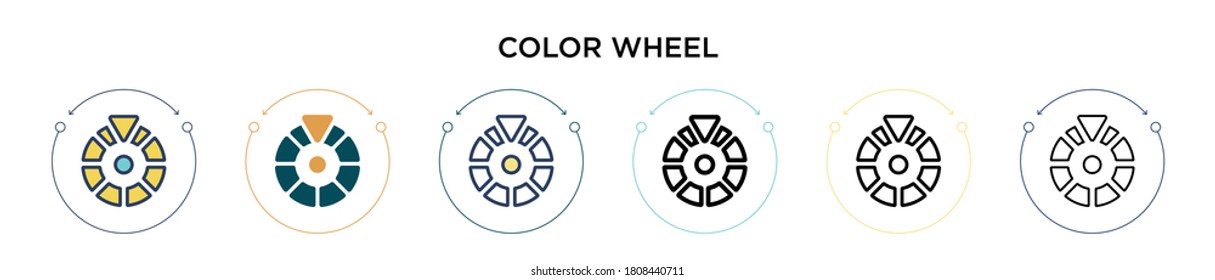 Icono de rueda de color en el estilo relleno, delgado, contorno y trazo. Ilustración vectorial de dos diseños de iconos vectores de ruedas de color y negro se pueden utilizar para móviles, ui, web