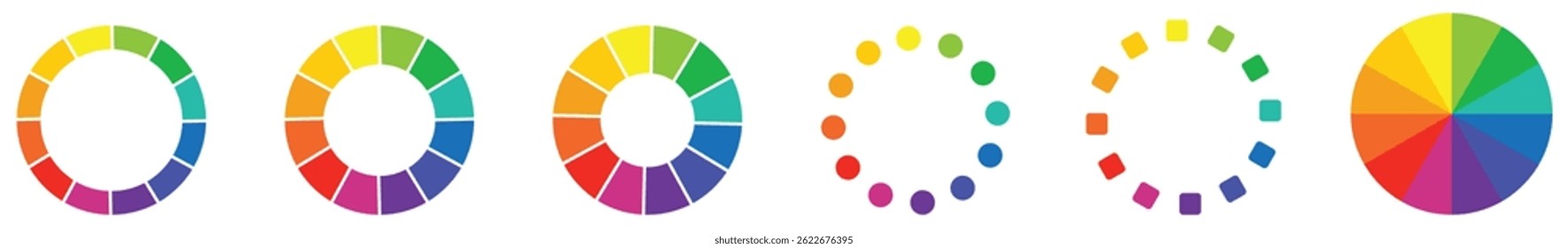 Color Wheel Icon set with circular segments, gradient rings, hue markers, and shade divisions used for identifying color palettes and visual tone levels. 