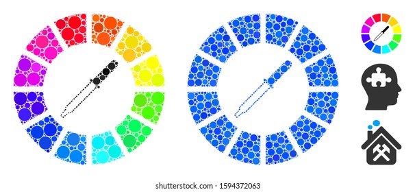 Color wheel mosaic of circle elements in different sizes and color hues, based on color wheel icon. Vector circle elements are composed into blue mosaic.