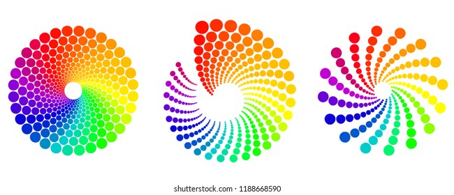 Color wheel palette or color circle vector icons set isolated on white background. Rainbow spectrum colorful wheel design rgb palettes amde of circle dots or triangles.