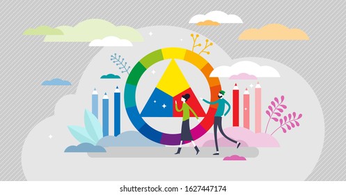 Color wheel scheme, flat tiny person vector illustration. Creative designers picking color palette and creating color harmony for arts project. Abstract modern scene with color circle and triangle.