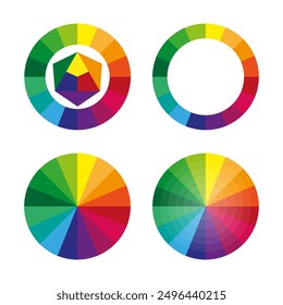 Color wheel set. Gradient spectrum circles. Vibrant hues diagrams. Rainbow vector illustrations.