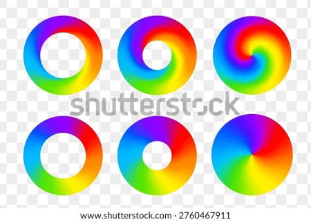 Color wheel set. Rainbow gradient with swirl effect on circles and rings. 