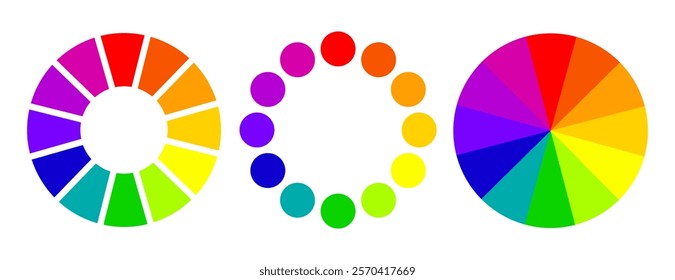 Color wheel vector set. Color wheel guide chart. RGB and CMYK colors spectrum palette infographic chart. 12 colors cycle diagram pie chart. Infographic rainbow palette element. Vector illustration.