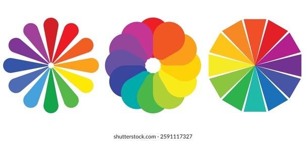 Color wheel vector set. Color wheel guide.RGB and CMYK colors chart diagrams. Infographic rainbow palette element round signs.Circle colour spectrum palette.  Infographic rainbow palette.
