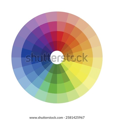 A color wheel, which is a circular arrangement of hues and tones on a pure white background. It illustrates the full spectrum of colors for artistic and design purposes.