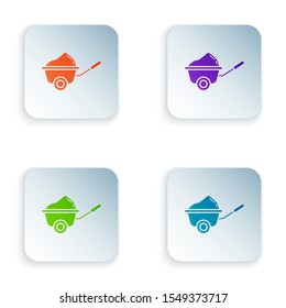 Color Wheelbarrow with dirt icon isolated on white background. Tool equipment. Agriculture cart wheel farm. Set icons in colorful square buttons. Vector Illustration