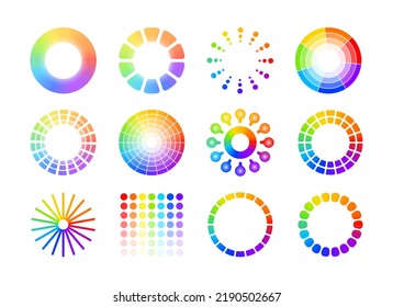 Color wheels. Charts of different shapes, gradient spectrum with rainbow multicolor pallette. Colorful colorwheel with hue and saturation. Vector isolated set. Mix or harmony combination scheme