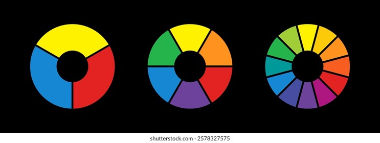 Color wheels isolated on black background.