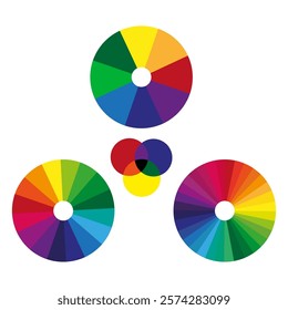 Color wheels. Primary color overlap. Circular palette vector. Bright multicolor scheme.