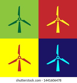 Color Wind turbine icon isolated on color backgrounds. Wind generator sign. Windmill silhouette. Windmill for electric power production. Vector Illustration