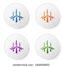 Color Wind turbines icon isolated on white background. Wind generator sign. Windmill silhouette. Windmills for electric power production. Set icons in circle buttons. Vector Illustration