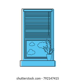 color window with curtain blind open and plant
