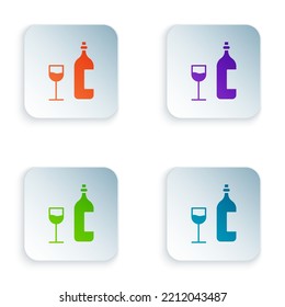 Color Wine bottle with wine glass icon isolated on white background. Happy Easter. Set colorful icons in square buttons. Vector Illustration