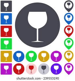 Color wine glass icon, button, symbol set. Square, circle and pin versions.