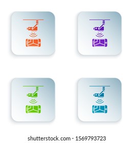 Color Wireless Controlling CCTV security camera with smartphone icon isolated on white background. IOT Concept and remote home appliance. Set icons in square buttons. Vector Illustration