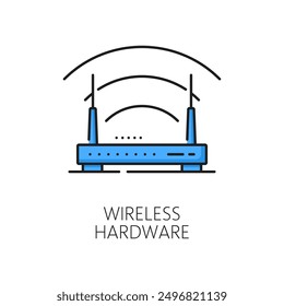 Color wireless hardware line icon of vector internet modem router with antennas and wifi broadband symbol. Outline computer networking device or network equipment sign, wireless internet technology