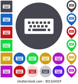 Color wireless keyboard icon, button, symbol set. Square, circle and pin versions.
