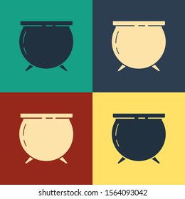 Color Witch cauldron icon isolated on color background. Happy Saint Patricks day. Vintage style drawing. Vector Illustration