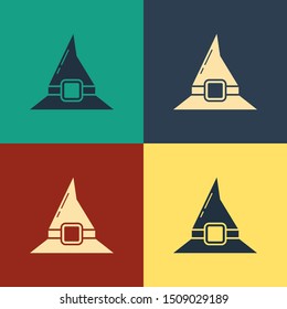 Color Witch hat icon isolated on color background. Happy Halloween party. Vintage style drawing. Vector Illustration