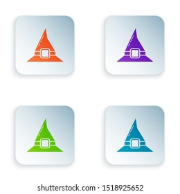 Color Witch hat icon isolated on white background. Happy Halloween party. Set icons in colorful square buttons. Vector Illustration