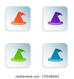 Color Witch hat icon isolated on white background. Happy Halloween party. Set colorful icons in square buttons. Vector Illustration