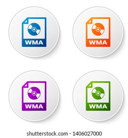 Color WMA file document icon. Download wma button icon isolated on white background. WMA file symbol. Wma music format sign. Set icons in circle buttons. Vector Illustration