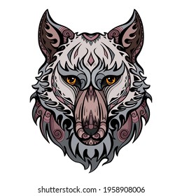 Color wolf head front view with ethnic decorations. Predator portrait with curls and tribal ornaments. Dog muzzle. Vector colorful sketch for tattoo and printing on stuff