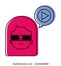 color woman with 3d glasses and video inside chat bubble