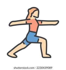 Color woman doing yoga icon. Active lifestyle and fitness, stretching. Training concentration and attention, balance. Poster or banner for site, interface for apps. Cartoon flat vector illustration