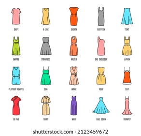 Color woman dresses isolated icons, female fashion clothes types, vector. Women wear and dress models with names, casual tops and skirts shapes, bodycon and shirt apron and playsuit dress