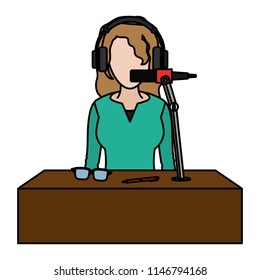 color woman reporter news with headphone and microphone