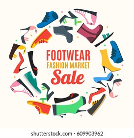 Color Woman Shoes Round Design Template Banner Card Fashion Seasonal Shopping Flat Design Style. Vector illustration