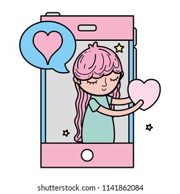 color woman with smartphone and lovestruck social message