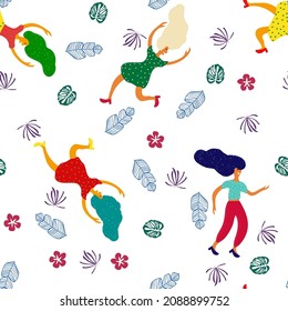 Color Women Dancer Vector White Seamless Pattern. Together Celebrate Person Banner. Modern Young Wallpaper. Cute Teen Enjoy Background. Feminism People Retro Illustration.