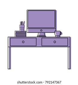 color wood desk with computer screen and books