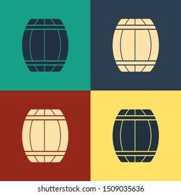 Color Wooden barrel icon isolated on color background. Alcohol barrel, drink container, wooden keg for beer, whiskey, wine. Vintage style drawing. Vector Illustration