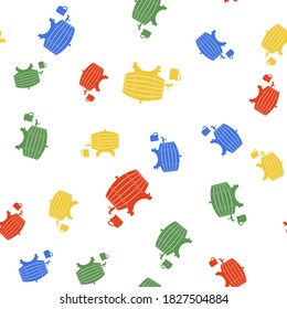 Color Wooden barrel on rack with stopcock and wooden beer mug icon isolated seamless pattern on white background. Vector.