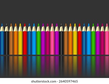 Color wooden pencils background. Row of colored pencils and their reflection in a mirror surface. Vector background for school, office, education designs