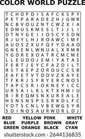 And Color Word Puzzle Game With Red Yellow Pink Blue Green Purple Orange Brown Gray Cyan Words